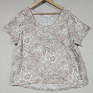 C&C California Women's White and Brown Linen Floral Print Blouse